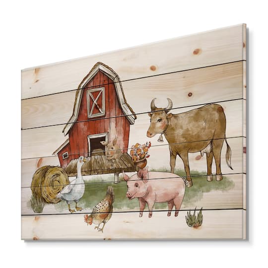 Designart - Farm House With Goose Chicken Cow Pig and Haystack